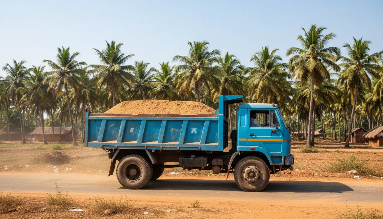 Blue OneInfra tipper lorry loaded with construction sand on a Tamil Nadu road