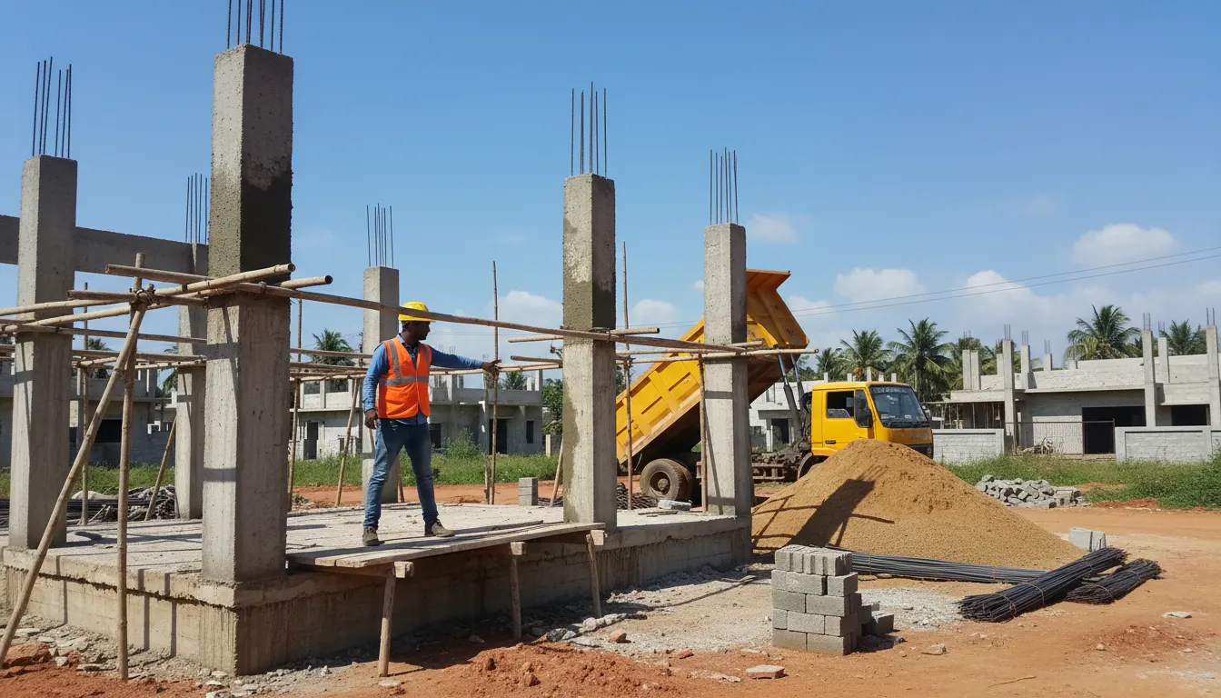 Chennai house construction site with OneInfra delivery in the background